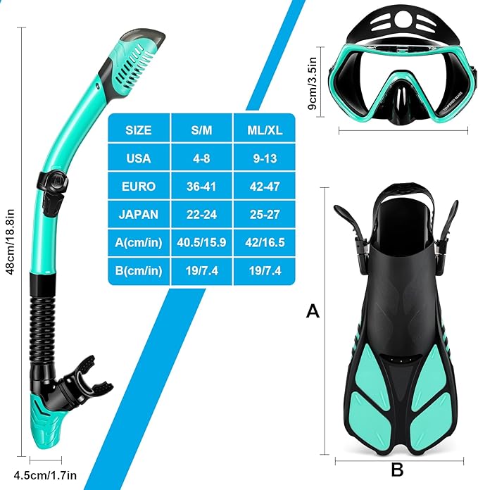 ZEEPORTE Mask Fin Snorkel Set, Travel Size Snorkeling Gear for Adults with Panoramic View Anti-Fog Mask, Trek Fins, Dry Top Snorkel and Gear Bag for Swimming Training, Snorkeling Kit Diving Packages-StrideForce Fitness