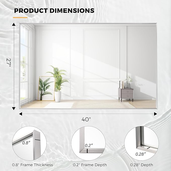 27x40 Inch Nickel Bathroom Mirror for Wall, Aluminum Frame Rectangle Rectangular Vanity Mirror, Modern Large for Bedroom, Living Room, Horizontal or Vertical-StrideForce Fitness