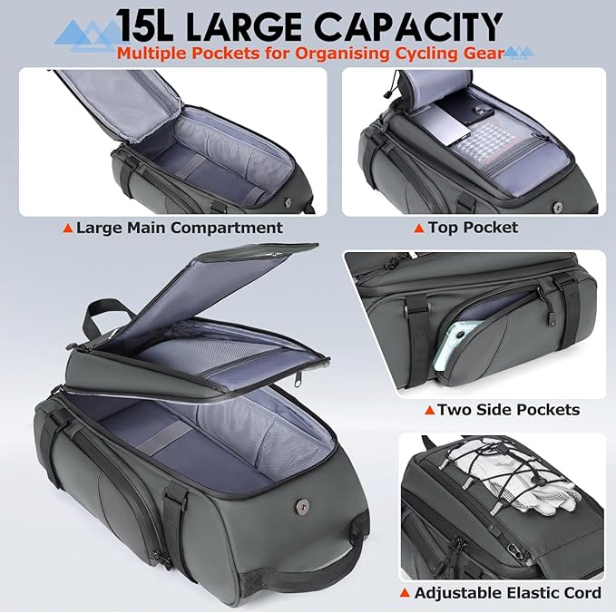 RAINSMORE Bike Bags for Bicycle Rear Rack 15L Waterproof Bike Ebike Trunk Pannier Saddle Bag with Rain Cover Bike Accessories Backpack Shoulder Bag for Commuter Travel Outdoor, Grey-StrideForce Fitness