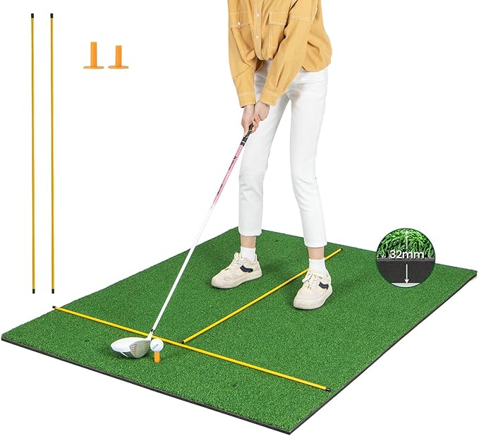 Tangkula Golf Hitting Mat, Artificial Turf Mat for Indoor/Outdoor Golf Practice Includes 2 Rubber Tees & 2 Alignment Sticks, Golf Training Mat for Home Backyard Garage-StrideForce Fitness