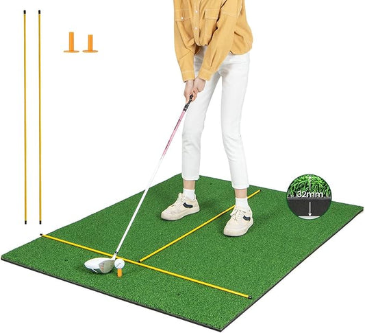 Tangkula Golf Hitting Mat, Artificial Turf Mat for Indoor/Outdoor Golf Practice Includes 2 Rubber Tees & 2 Alignment Sticks, Golf Training Mat for Home Backyard Garage-StrideForce Fitness