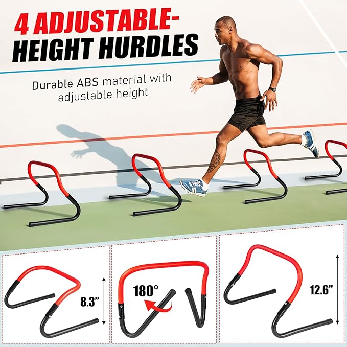 Soccer Training Equipment, Agility Speed Training Set with 20ft Speed Ladder, 12 Cones, 4 Adjustable Hurdles, Jump Rope, Parachute | Ideal for Basketball, Football Practise, for Kids, Youth, Adults-StrideForce Fitness