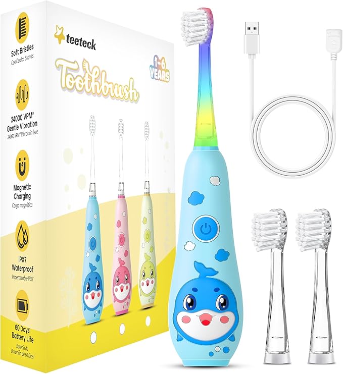 teeteck Electric Toothbrush for Kids - Toddler Electric Toothbrush with Magnetic Charging, Includes 2 Brush Heads, Magnetic USB Charging Cable for Ages 1-6 Boys Girls (Blue)