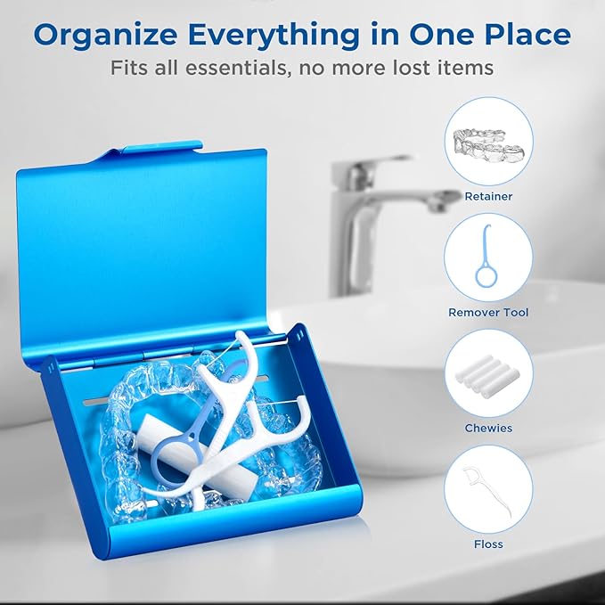 Aluminum Retainer Case for Invisalign Aligners, Partial Mouth Guard Case Denture Retainer Container Case Holder with Vent Holes, Slim Orthodontic Aligner Case for Traveling-1 Pack Blue