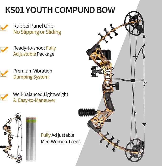Youth Compound Bow Set 15-45 Lbs for Teens and Beginner, Package with Archery Hunting Equipment, Max Speed 260fps, Adjustable, Right Hand-StrideForce Fitness