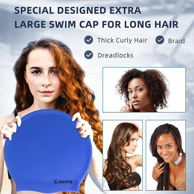 Keary Extra Large Swim Cap for Braids and Dreadlocks Extensions Weaves Long Hair, Waterproof Silicone Cover Ear Bath Pool Shower Swimming Cap for Adult Youth to Keep Hair Dry, Easy to Put On and Off-StrideForce Fitness