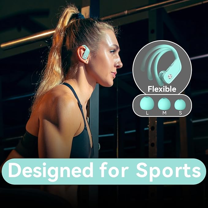 bmani Ear Buds Wireless Earbuds Bluetooth Headphones with 80H Playtime LED Display Case, Over-Ear Hook with Mic, Stereo Sound, Easy Button Controls, Sports Earphones for Running Workout Gym Mint Green-StrideForce Fitness