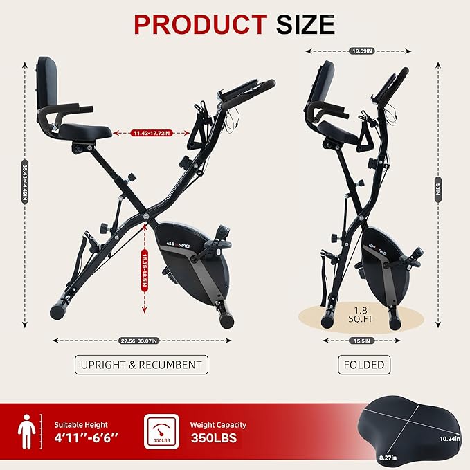 BARWING Stationary Exercise Bike for Home Workout, 5 IN 1 Foldable Indoor Cycling Bike for Seniors, 350LB Capacity, 16-Level Magnetic Resistance, Seat Backrest Adjustments-StrideForce Fitness
