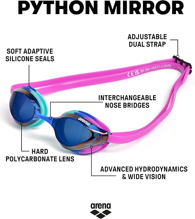 ARENA Unisex Python Racing Swim Goggles for Men and Women Anti-Fog No Leak Max Comfort Dual Strap, Mirror/Non-Mirror Lens-StrideForce Fitness