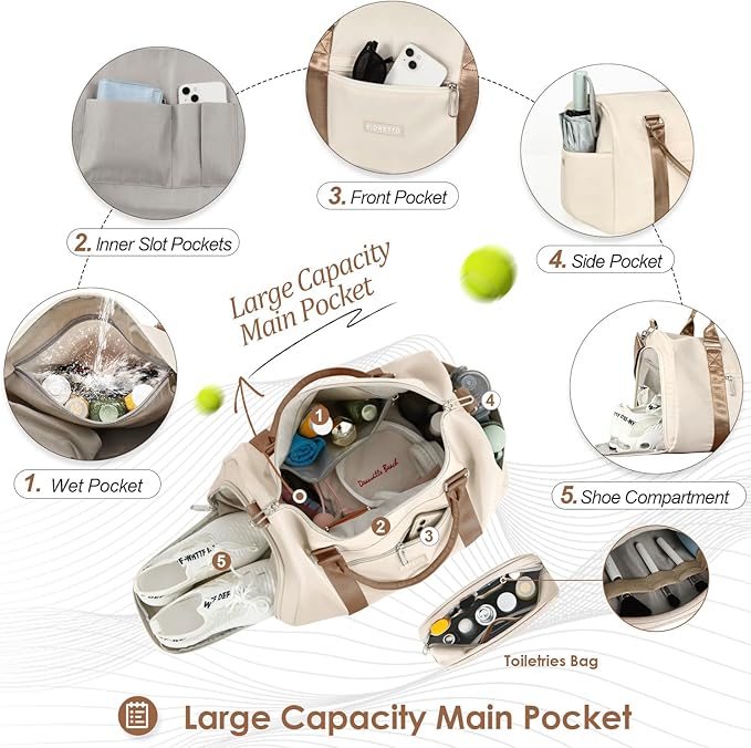 FIORETTO Womens Gym Tote Duffle Bag with Toiletry Bag, Sports Duffel Overnight Hospital Workout Carry on Bag for Girls with Wet Pocket & Shoe Compartment, Ideal for Travel, Swimming, Beige & Brown-StrideForce Fitness