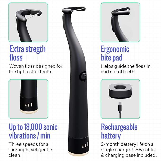 FLAUS Electric Flosser (Shark Tank) 3 Speeds + 135 Refill Heads (Floss Variety Pack: Extra Strong Woven & Gentle Gliding) Water Flosser Alternative, Dentist Designed Tooth Flossers Dental Floss Picks