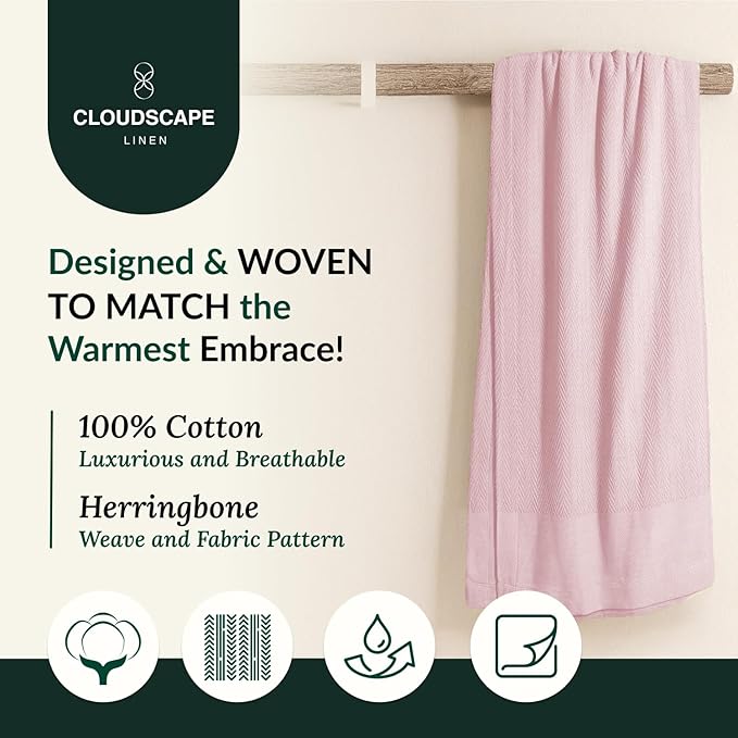 Cloud Scape Linen 100% Cotton Queen Size Blanket, Herringbone Pattern, Lightweight Summer Blanket,Best Gifts for Women, fits Full Size Bed, 92 x 92, Seashell Pink-StrideForce Fitness
