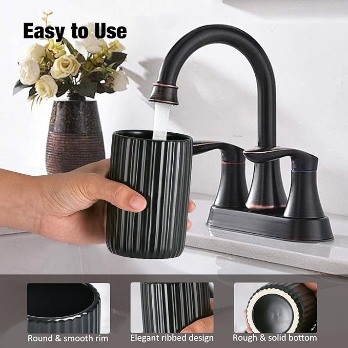 Black Toothbrush Holder, Ceramic Tooth Brush Holder Set, Ribbed Bathroom Cups Tumbler, Reusable Toothbrush Mouthwash Cup, Toothpaste Holder Toothbrush Organizer for Bathroom Counter