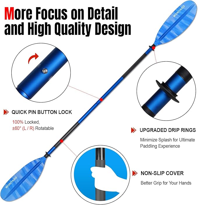 Kayak Paddle with Aluminum Shaft and Reinforced PP Blade, Floating Kayak Oar for Kayaking Canoeing and Boating, 220 cm/86 inches - 230 cm/90 inches-StrideForce Fitness