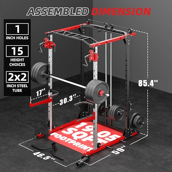 Smith Machine, Power Rack with LAT Pulldown System, Power Cage with Cable System, Squat Rack for Home Gym with Chest Press Machine, Spotter Arms, Leg Curl Attachment and More-StrideForce Fitness