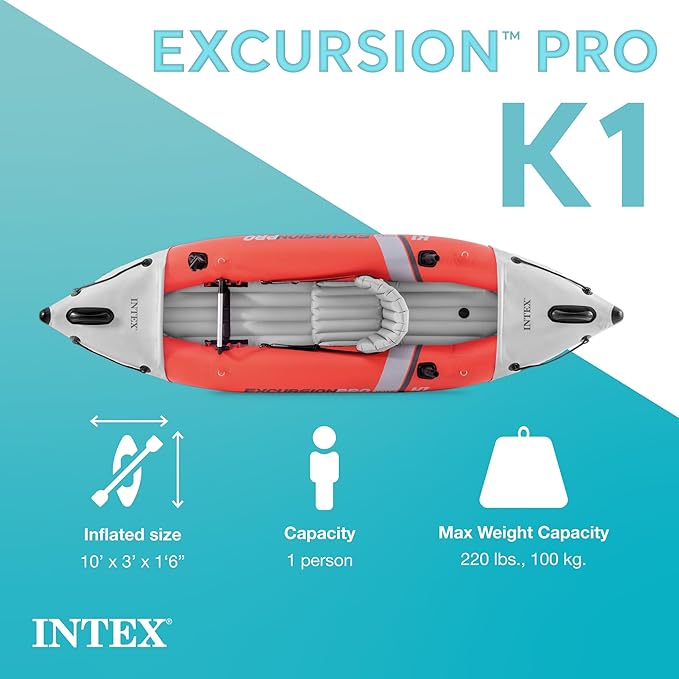 INTEX 68303EP Excursion Pro K1 Inflatable Kayak Set: Includes Deluxe 86in Kayak Paddles and High-Output Pump – SuperTough PVC – Adjustable Bucket Seat – 1-Person – 220lb Weight Capacity-StrideForce Fitness