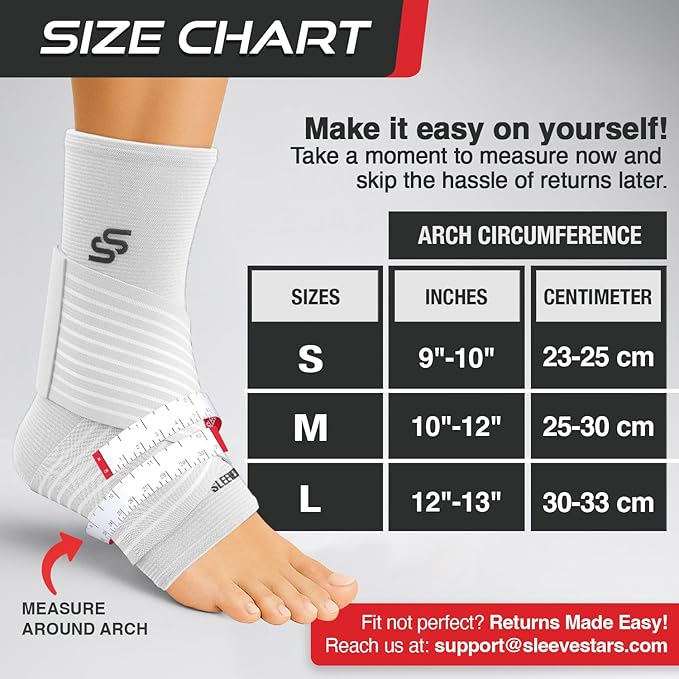 Sleeve Stars Ankle Brace for Women & Men, Ankle Wrap for Sprain, Compression Sleeve for Plantar Fasciitis Relief, Easy Customizable Support: w/ Removable Strap (Pair/M:10"-12"/White)