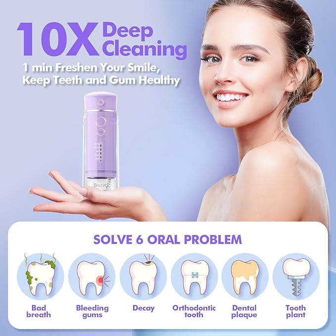Water Flosser Mini Cordless Portable: 5 Modes Water Dental Floss with Telescopic Water Tank, 6 Tips, IPX7 Waterproof Oral Irrigator for Teeth Cleaning Gums,Orthodontic,Braces Dental Care (Purple)