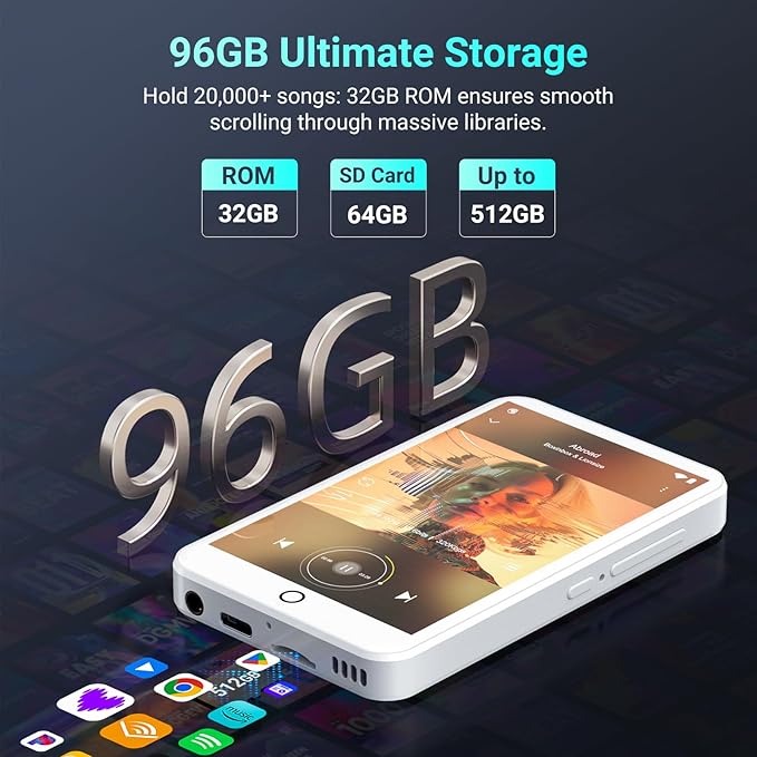 96GB MP3 Player with Bluetooth and WiFi, Android 13 MP3 MP4 Players with 4" Touchscreen and Speaker, 3GB RAM & 32GB ROM, Spotify Music Player with Audible, FM Radio, Amazon Music, Play Store-StrideForce Fitness
