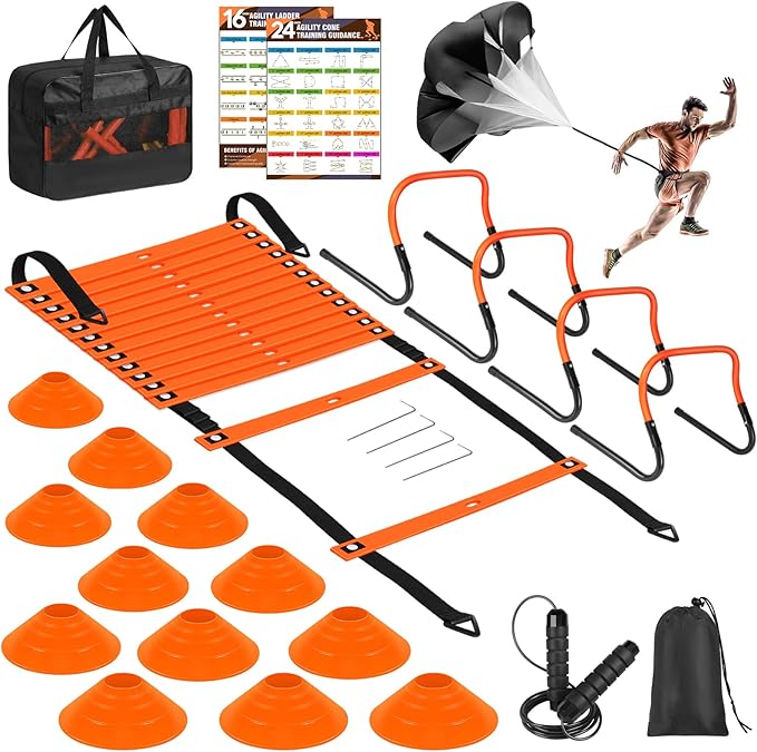 Soccer Training Equipment, Agility Speed Training Set with 20ft Speed Ladder, 12 Cones, 4 Adjustable Hurdles, Jump Rope, Parachute | Ideal for Basketball, Football Practise, for Kids, Youth, Adults-StrideForce Fitness