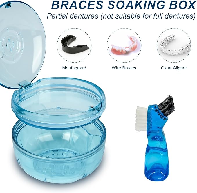 Retainer Cleaning Case,Portable No-Leak Denture Cup Case with Dentures Brush Kit, Travel Retainer Cases with Vent Holes for Clear Aligner,Mouth Guards,Night Guard,Dentures (Blue)