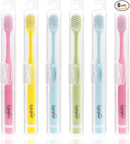 6pcs Travel Toothbrush Set, Extra Soft Toothbrushes for Adults Gentle Portable Manual Toothbrush with Individual Travel Case Deep Cleaning Flossing Toothbrushes for Sensitive Teeth(Multicolor)