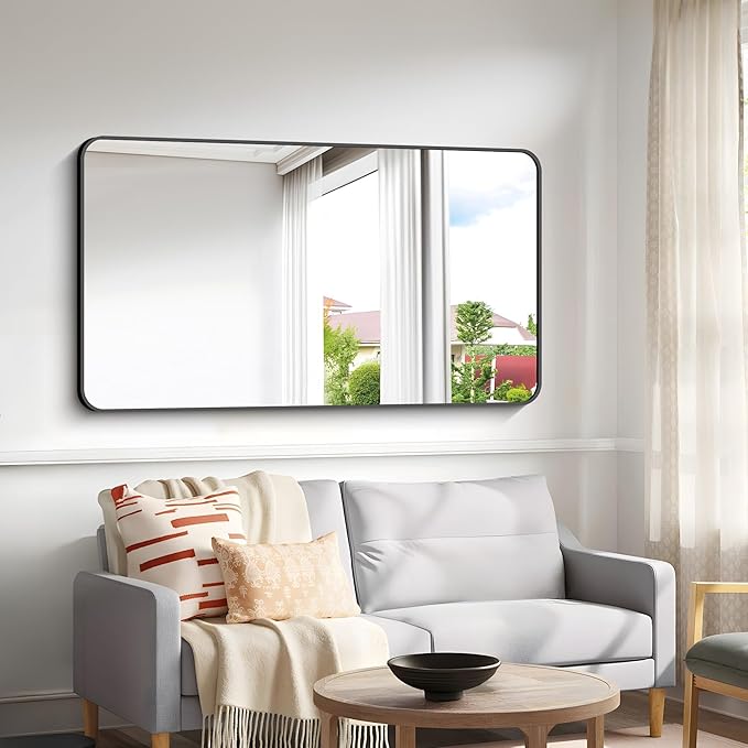 30x55 inch Bathroom Mirror,Black Rectangle Mirror,Wall Mounted Bathroom Frame Vanity Mirror with Round Corner for Bedroom Living Room, Entryway Hangs Horizontal or Vertical-StrideForce Fitness