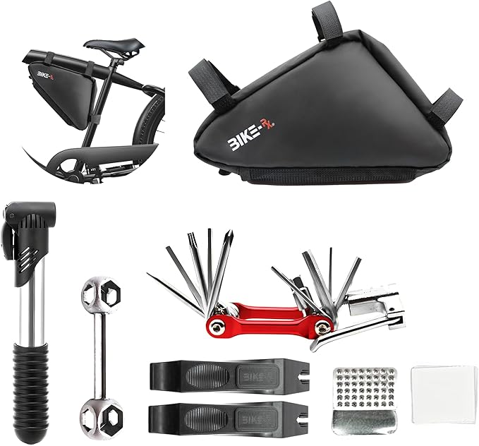 Bike Repair Kit Tool Bag – 16-in-1 Multitool, 120PSI Mini Pump, Tire Levers, Patches, Saddle Bag for Road, Mountain, and E-Bikes, Portable Tool Kit for Emergencies & Repairs-StrideForce Fitness