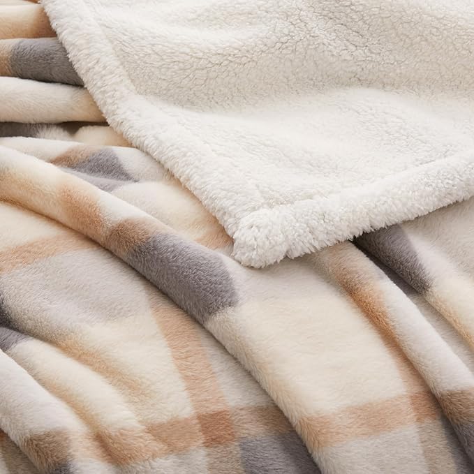 PU MEI Super Soft Faux Rabbit Fur Sherpa Fleece Throw Blanket, Reversible Luxury Cozy Cute Furry Blanket, Plush Warm Shaggy Fluffy Checkered Blankets for Sofa Couch Bed (Grey-Plaid, 80" x 90")-StrideForce Fitness