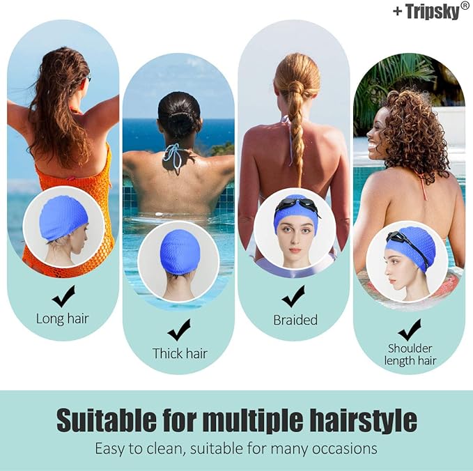 Tripsky Silicone Swim Cap,Comfortable Bathing Cap Ideal for Curly Short Medium Long Hair, Swimming Cap for Women and Men, Shower Caps Keep Hairstyle Unchanged…-StrideForce Fitness