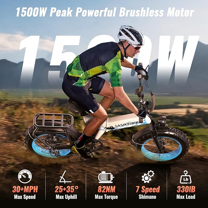 Folding Electric Bike for Adults, 20'' 1500W Peak Fat Tire Ebike, Up to 70 Miles 30+MPH Electric Mountain Bike with 52V 20AH Removable Battery, Dual Suspension, 7-Speed,UL Certified-StrideForce Fitness