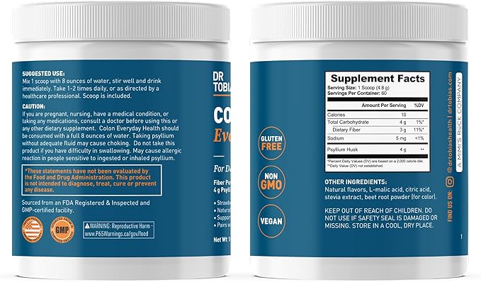 Dr. Tobias Colon Everyday Health - Gut Health for Women & Men - Psyllium Fiber Powder Drink with 4g Psyllium Husk Powder per Serving, Vegan, Gluten Free, Non-GMO, Strawberry Flavor, 60 Servings-StrideForce Fitness