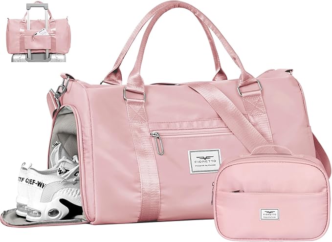 FIORETTO Womens Gym Tote Duffle Bag with Toiletry Bag, Sports Duffel Overnight Hospital Workout Carry on for Girls with Wet Pocket & Shoe Compartment, Ideal for Travel, Swimming, Dance Pink-StrideForce Fitness
