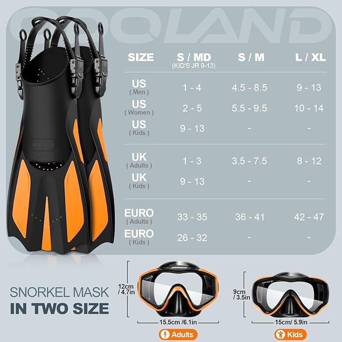 Odoland Kids Snorkeling Packages Snorkel Set, Dry Top Snorkel Mask with Adjustable Swim Fins for Boys and Girls Age 7-14-StrideForce Fitness