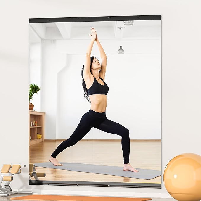 Hasipu 2 Pcs 63''x28'' Home Gym Mirror Large Full Length Wall Mounted Full Body Mirror for Yoga Dance Fitness Exercise Studio Bedroom Garage, Frameless Tempered Glass Workout Mirrors Black Rectangular-StrideForce Fitness
