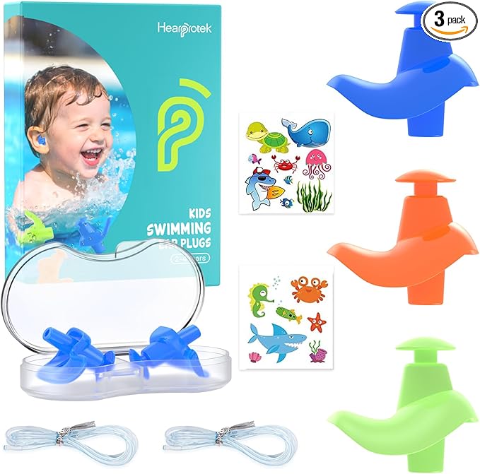 Hearprotek 3 Pairs Swimming Ear Plugs for Kids, Soft Silicone Reusable Waterproof Earplugs for Toddlers Bathing Swimming and Other Water Sports(Blue/Orange/Green)-StrideForce Fitness