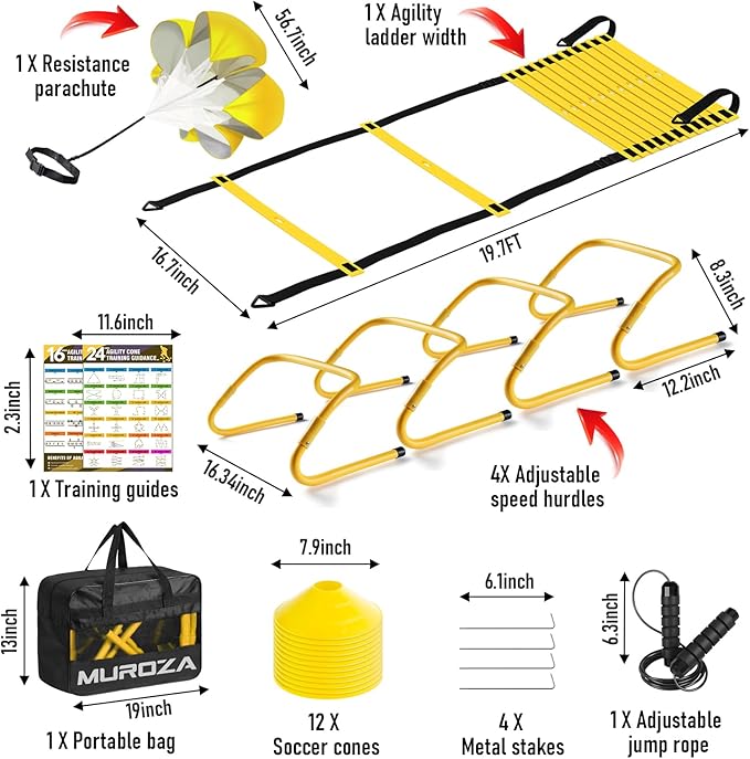 Agility Ladder, Speed Training Equipment Set, 20ft Agility Ladder, 12 Soccer Cones, 4 Hurdles, Jump Rope, Running Parachute, Basketball Football Soccer Training Equipment for Kids, Youth, Adults-StrideForce Fitness
