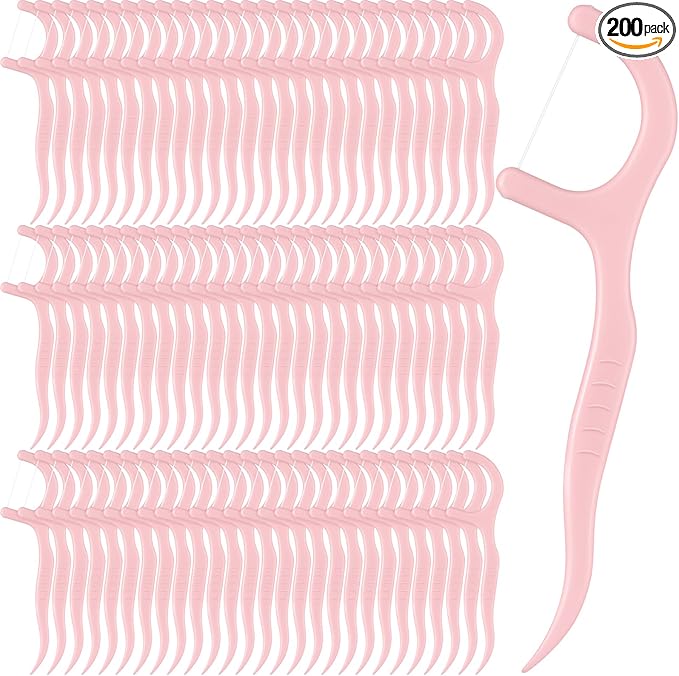 Baderke 200 Count Floss Picks Bulk Non Breakable Tooth Picks Flosser Dental Floss Sticks for Adults Teeth Cleaning Dental Flossers for Family Pack Travel(Light Pink)