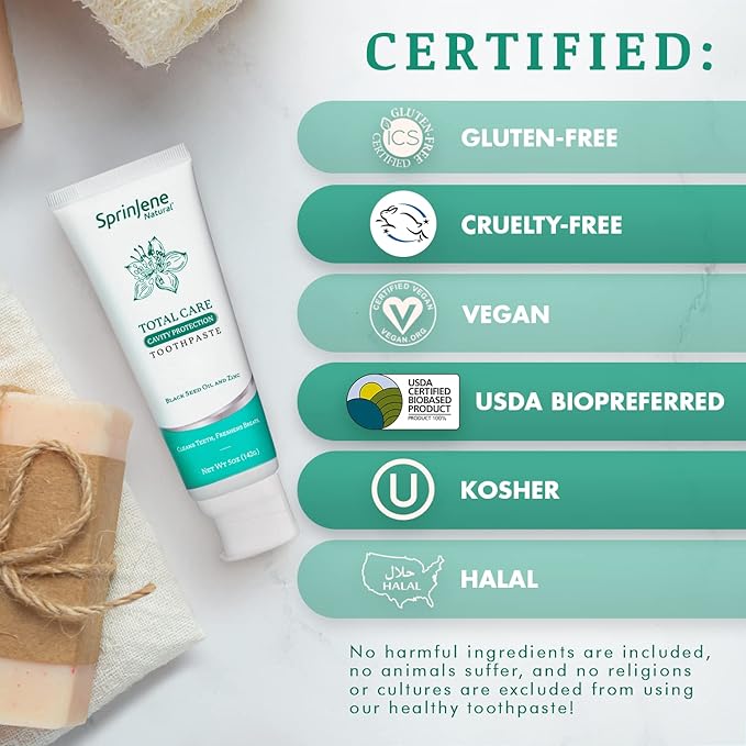 SprinJene Natural Total Care Toothpaste – Fluoride Toothpaste for Cavity Protection & Gum Health – Natural Formula with Patented Black Seed Oil & Zinc – Made in The USA (4 Pack)