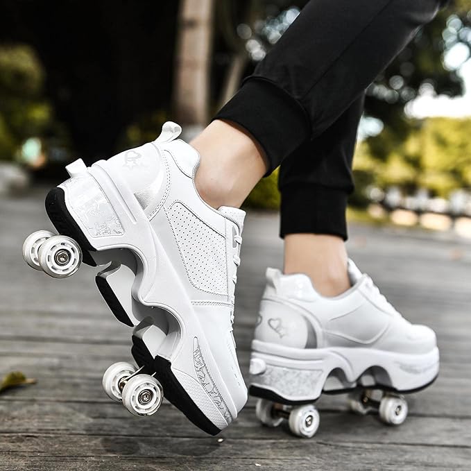 Roller Skate Shoes for Women Four Rounds Children's Roller Skates Shoes That Turn into Rollerskates Sneakers Outdoor Light Shoes with Wheels for Girls/Boys-StrideForce Fitness
