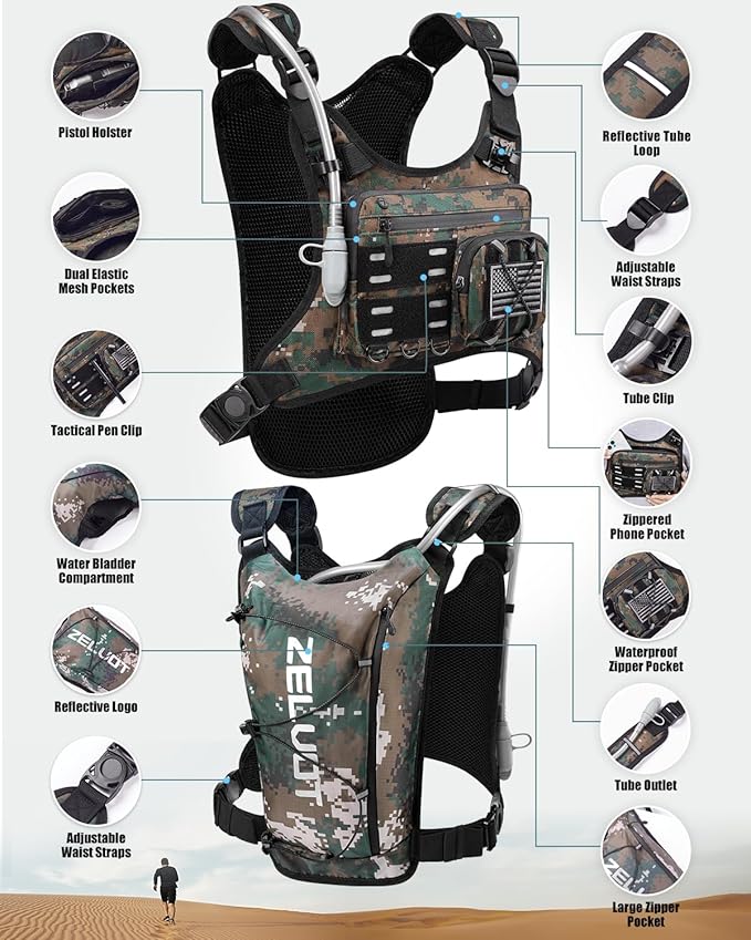 Running Vest with 2L Water Bladder, USA Original Patent, Lightweight Adjustable Chest Pack with Gear Holder, Reflective Running Hydration Vest for Women Men for Marathon-StrideForce Fitness