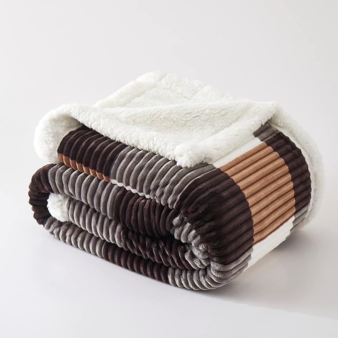 PU MEI Sherpa Blanket Full/Queen Plaid Thick Bed Blanket, 90”*80” Super Soft Flannel Fuzzy Fleece Reversible Velvet Plush Warm Blanket for Couch (Brown-Check, 80"*90")-StrideForce Fitness