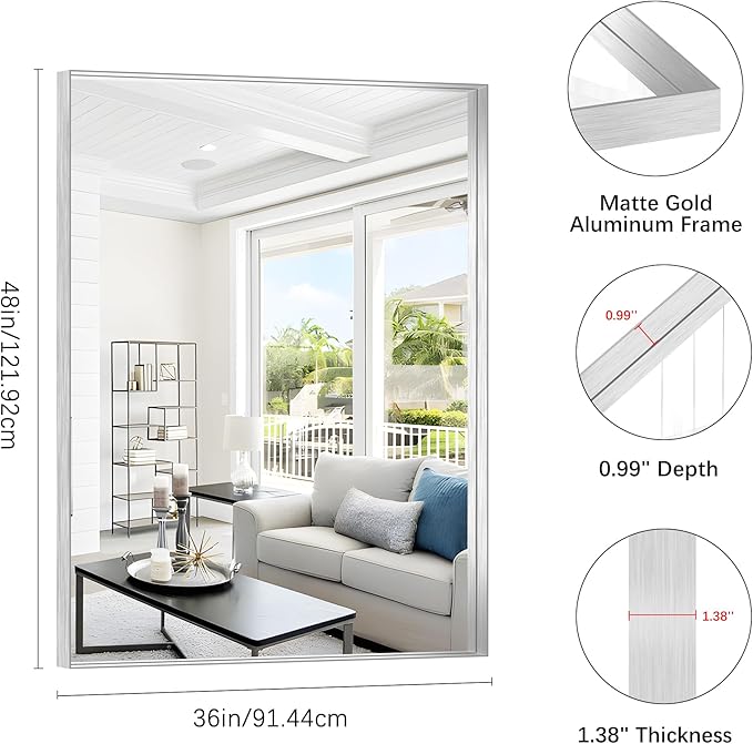 Silver Bathroom Mirror, 36x48 Inch Rectangular Deep Frame Mirror, Large Wall Mounted Bathroom Vanity Mirror Over Sink for Bedroom,Restroom, Living Room, Hangs Vertically or Horizontally-StrideForce Fitness