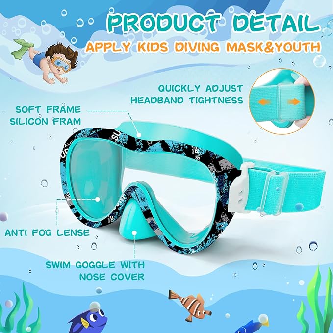 Kids Swim Goggles with Nose Cover, 180° Panoramic Snorkel Mask with Anti-Fog & Anti-Leak Design, Comfort Fabric Strap UV Protection Lens for Boys Girls Ages 3-15-StrideForce Fitness
