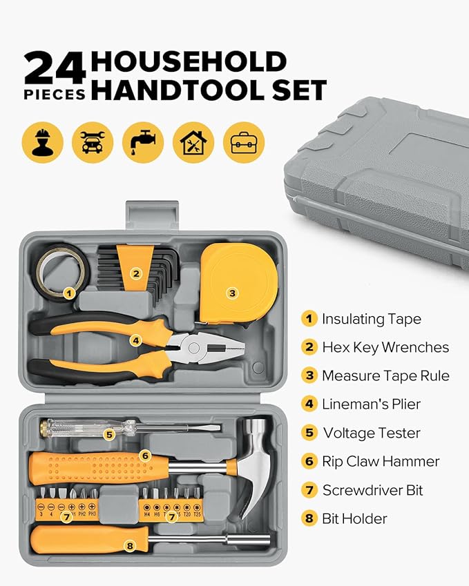 24pcs Home DIY Tool Kit for Household, Office & Garage - General Repair Small Hand Tool Set with Storage Case-StrideForce Fitness