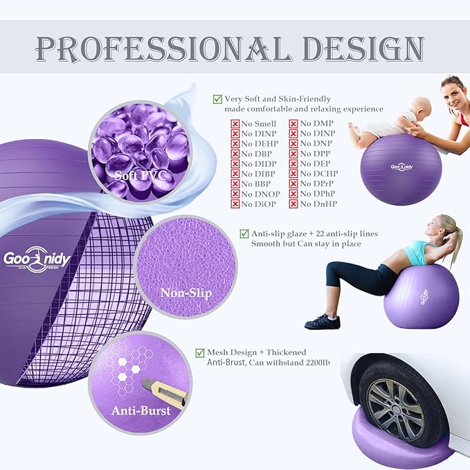 Soft Exercise ball, Anti-Burst Yoga Ball Chair Supports 2200lbs, Workout Equipment w/ Pump for Women Pregnancy, Medicine, Birthing, Physical Therapy, Stability, Excersing, Birth, Swiss, Fitness, Gym-StrideForce Fitness