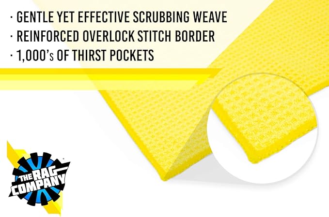 The Rag Company - Standard Waffle Weave Microfiber Towels (3-Pack) Detailing, Window, Glass and Drying, Wax & Polish, Lint-Free, Streak-Free, 370gsm, 16in x 16in, Yellow-StrideForce Fitness