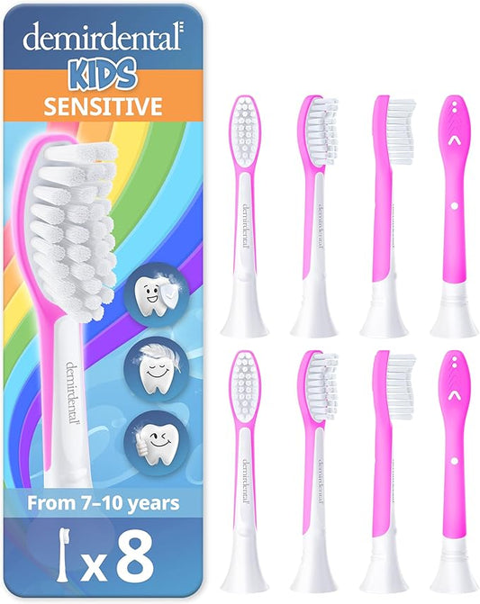 demirdental Kids Toothbrush Heads Compatible with Philips Sonicare Kids Toothbrush Heads - Replacement Heads Sensitive - Brush Heads from Ages 7 to 10 - Magenta - Replaces HX6048-8 Pack