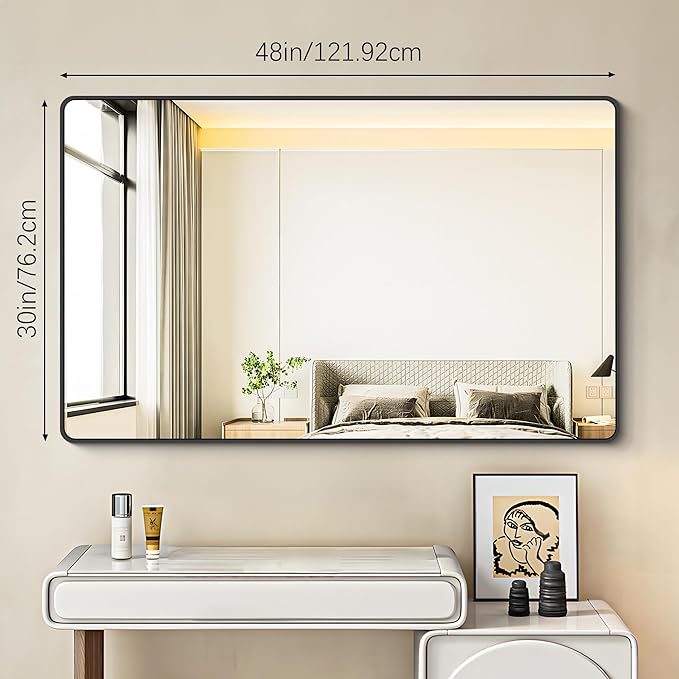 30x48 inch Bathroom Mirror,Black Rectangle Mirror,Wall Mounted Bathroom Frame Vanity Mirror with Round Corner for Bedroom Living Room, Entryway Hangs Horizontal or Vertical-StrideForce Fitness