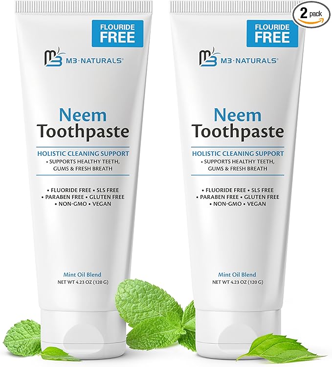 Fluoride-Free Neem Toothpaste with Mint for Adults & Kids with Sensitivity | Vegan, Gluten & SLS Free Herbal Formula for Sensitive Teeth, Healthy Gums and Fresh Breath, 4.23 oz (120 g) Pack of 2 by M3